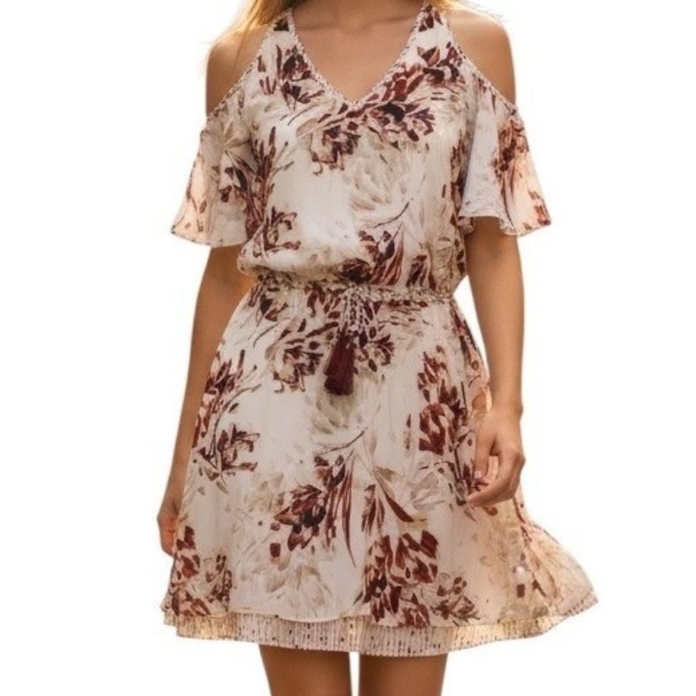 WHITE HOUSE BLACK MARKET Cold Shoulder Wine and White Floral Mini Dress EUC 00